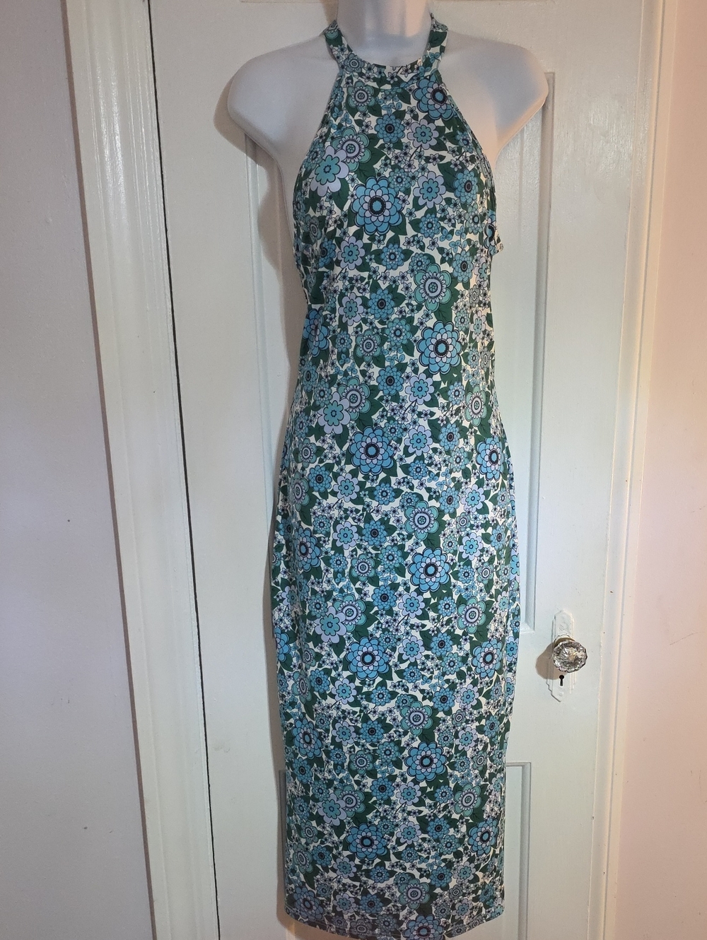 SHEIN Green and Blue Floral Halter Maxi Dress